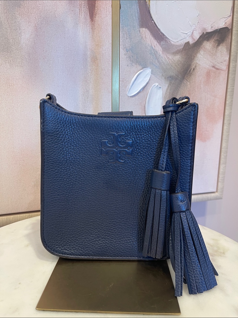Tory Burch Navy Pebbled Leather Crossbody with Tassel - Picture 2 of 7